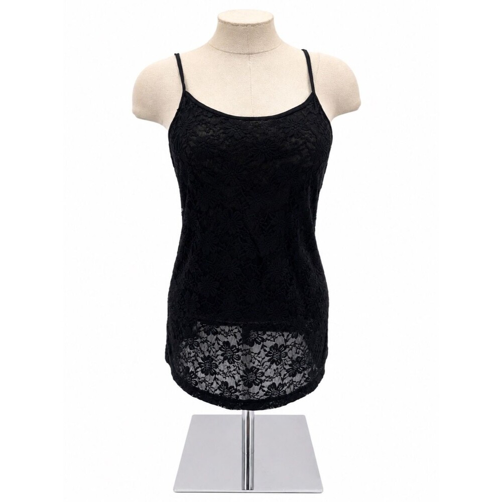 Grane Black Floral Lace Sheer Cami Tank Top Y2k Size XL Juniors Nylon